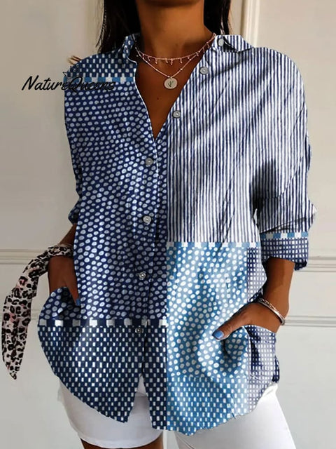 Women's Retro Polka Dot Art Print Casual Cotton Shirt