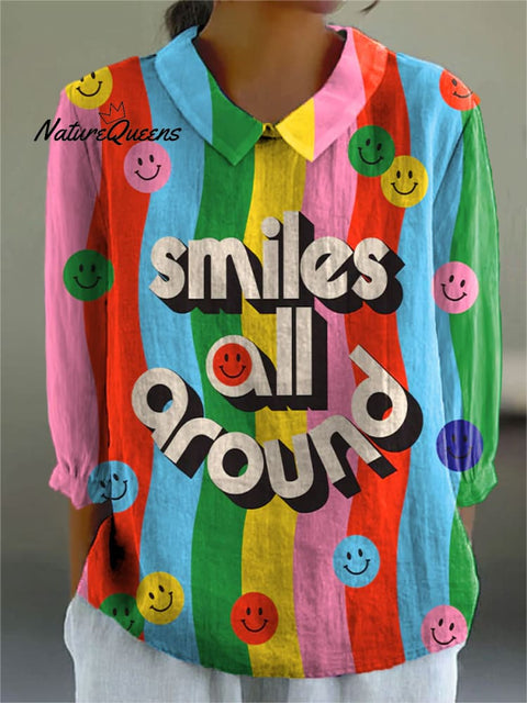 Women's Colorful Striped Smiley Face Art Print Casual Cotton And Linen 3/4 Sleeve Shirt