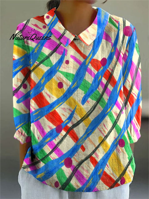 Women's Colorful Stripes and Dots Art Print Casual Cotton And Linen 3/4 Sleeve Shirt