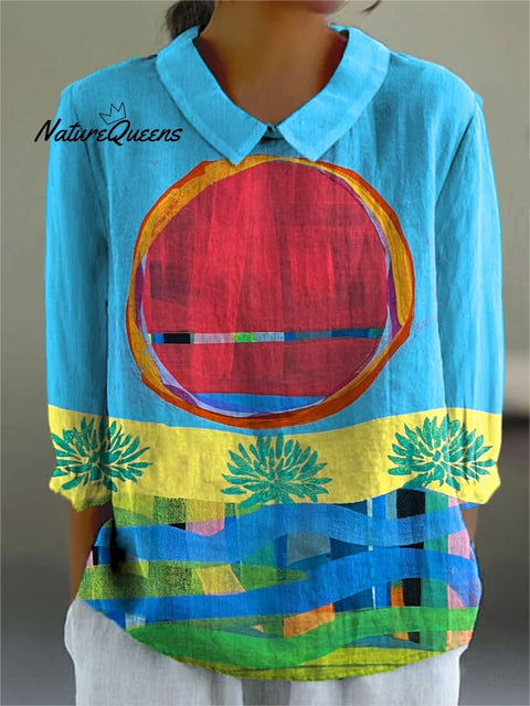 Women's Colorful Abstract Red Sun Art Print Casual Cotton And Linen 3/4 Sleeve Shirt