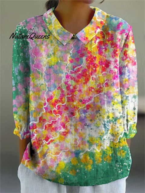 Women's Colorful Abstract Spot Art Print Casual Cotton And Linen 3/4 Sleeve Shirt