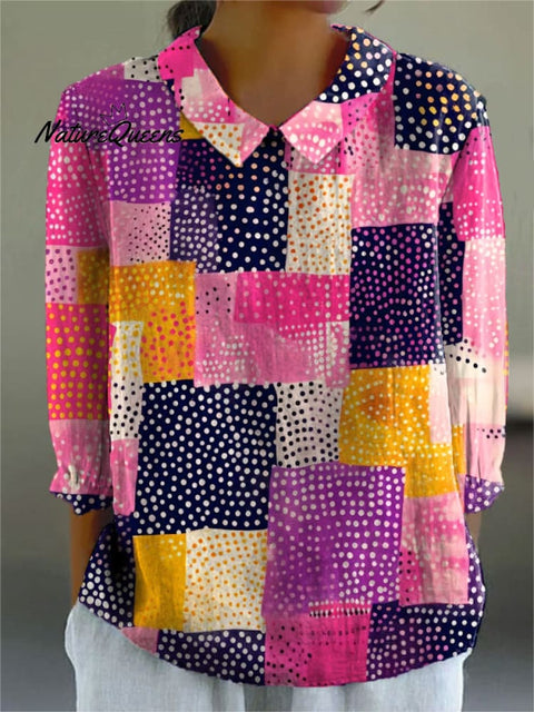 Women's Retro Color Block Polka Dot Art Print Casual Cotton And Linen 3/4 Sleeve Shirt