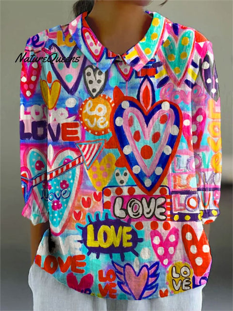 Women's Colorful Abstract Love Heart Pattern Art Print Casual Cotton And Linen 3/4 Sleeve Shirt