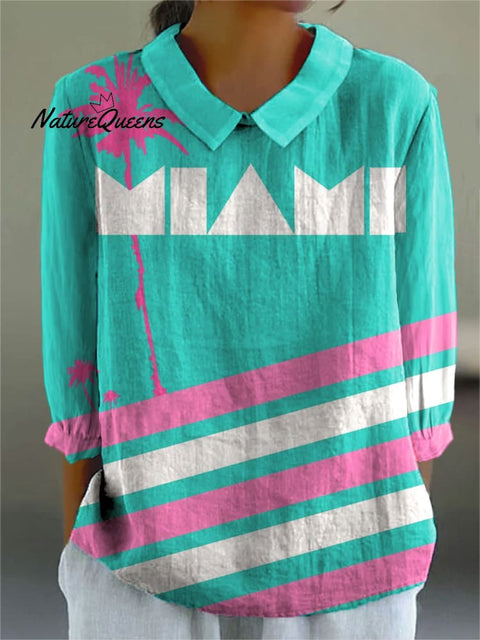 Women's Colorful Abstract Stripes Art Print Casual Cotton And Linen 3/4 Sleeve Shirt