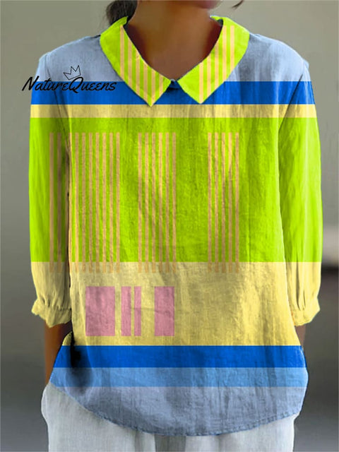 Women's Bright Abstract Color Block Art Print Casual Cotton And Linen 3/4 Sleeve Shirt