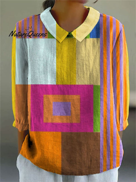 Women's Retro Abstract Color Block Art Print Casual Cotton And Linen 3/4 Sleeve Shirt