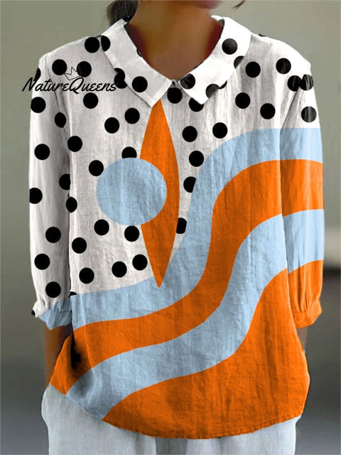 Women's Retro Abstract Color Block Wave Dot Art Print Casual Cotton And Linen 3/4 Sleeve Shirt