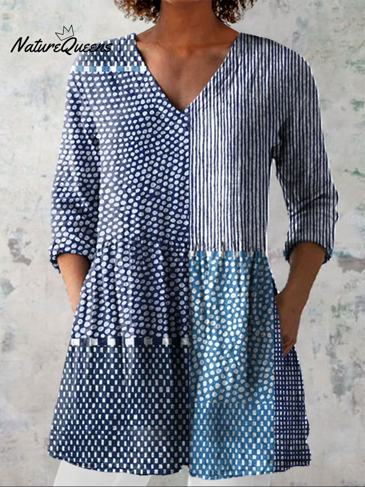 Women's Retro Polka Dot Art Print Casual Linen V-neck Shirt