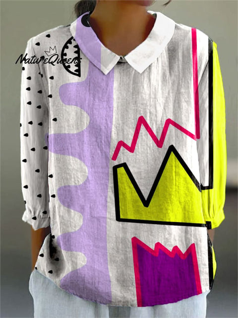 Women's Bright Abstract Minimalist Art Print Casual Cotton And Linen 3/4 Sleeve Shirt