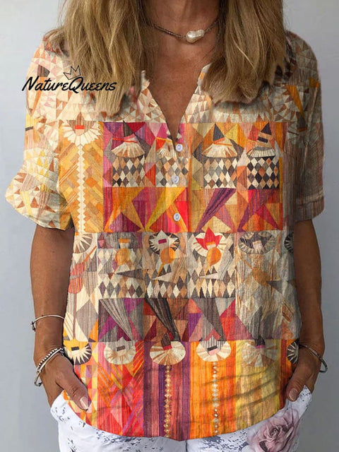 Women's Retro Geometric Pattern Art Print Casual Cotton And Linen Shirt