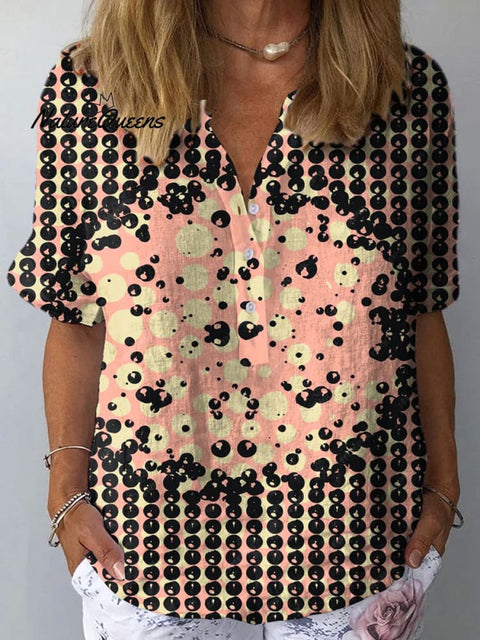 Women's Retro Abstract Dot Art Print Casual Cotton And Linen Shirt