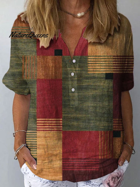 Women's Retro Color Block Art Print Casual Cotton And Linen Shirt