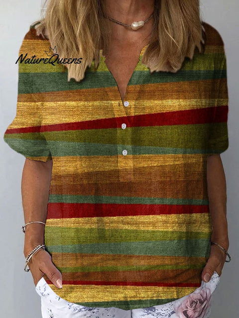 Women's Retro Colorful Stripe Art Print Casual Cotton And Linen Shirt