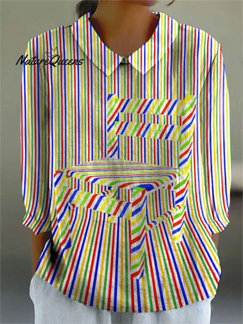 Women's Colorful Stripes Abstract Chair Art Print Casual Cotton And Linen 3/4 Sleeve Shirt