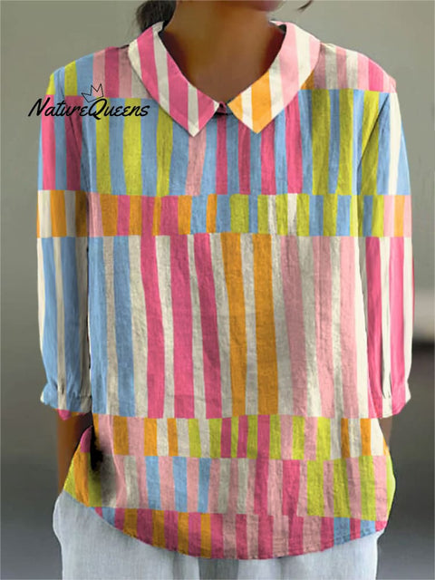 Women's Colorful Stripe Art Print Casual Cotton And Linen 3/4 Sleeve Shirt