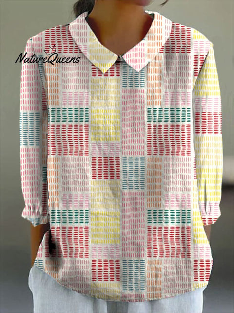 Women's Colorful Abstract Block Art Print Casual Cotton And Linen 3/4 Sleeve Shirt