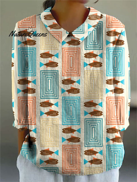 Women's Colorful Fish Rectangle Art Print Casual Cotton And Linen 3/4 Sleeve Shirt