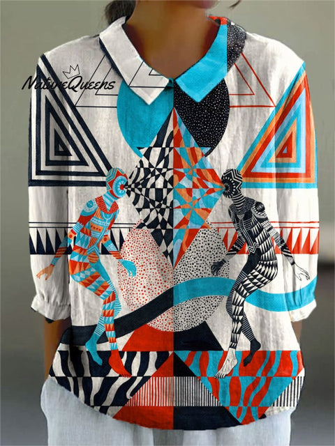 Women's Colorful Abstract Geometric Smart Art Print Casual Cotton And Linen 3/4 Sleeve Shirt