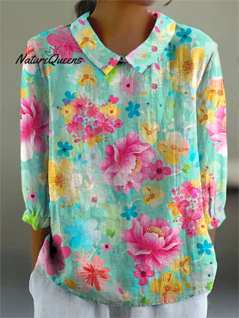 Women's Bright Flowers Cute Art Print Casual Cotton And Linen 3/4 Sleeve Shirt