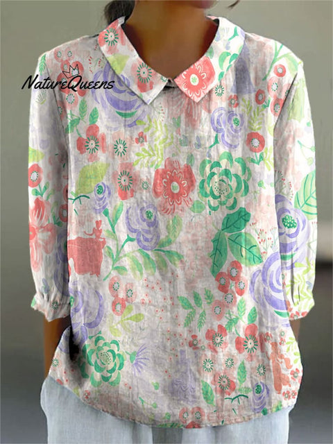 Women's Bright Flowers Cute Art Print Casual Cotton And Linen 3/4 Sleeve Shirt