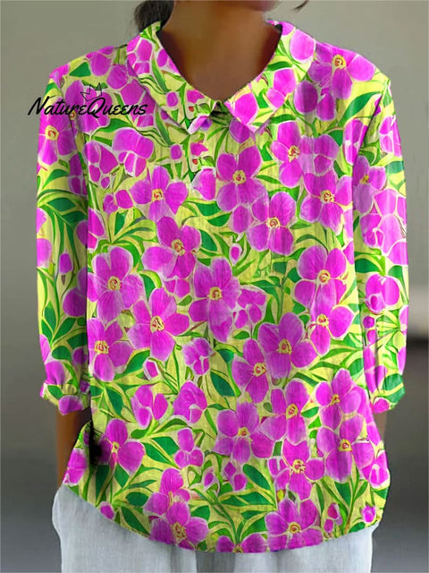 Women's Bright Flowers Cute Art Print Casual Cotton And Linen 3/4 Sleeve Shirt