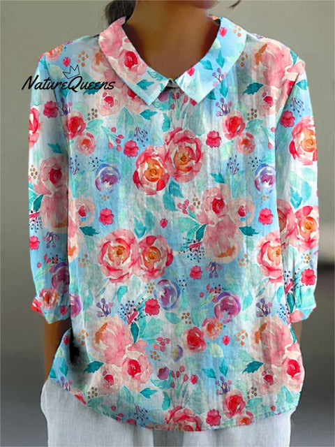 Women's Bright Flowers Cute Art Print Casual Cotton And Linen 3/4 Sleeve Shirt