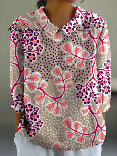 Women's Bright Flowers Cute Art Print Casual Cotton And Linen 3/4 Sleeve Shirt