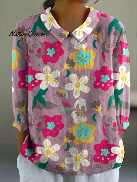 Women's Bright Flowers Cute Art Print Casual Cotton And Linen 3/4 Sleeve Shirt