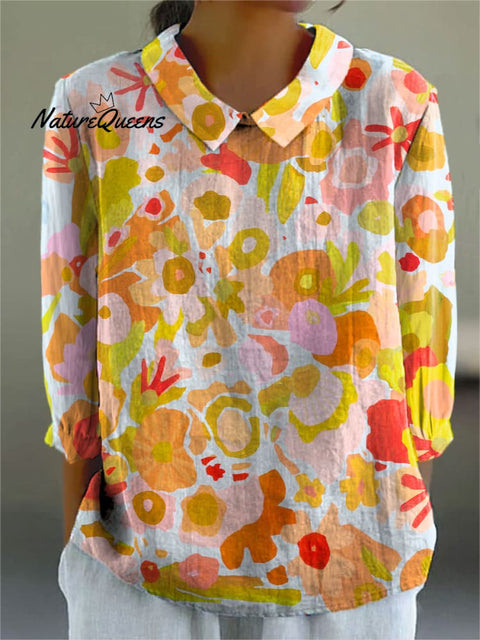 Women's Bright Flowers Cute Art Print Casual Cotton And Linen 3/4 Sleeve Shirt