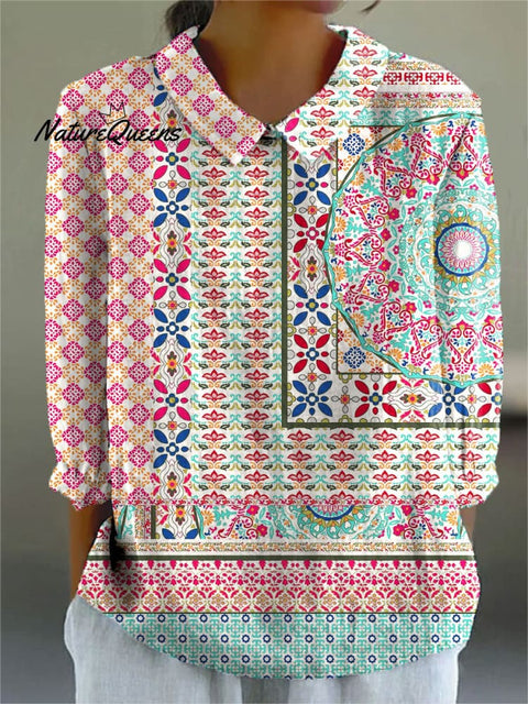 Women's Colorful Pattern Art Print Casual Cotton And Linen 3/4 Sleeve Shirt