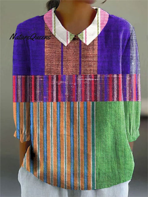 Women's Retro Colorful Stripe Art Print Casual Cotton And Linen 3/4 Sleeve Shirt