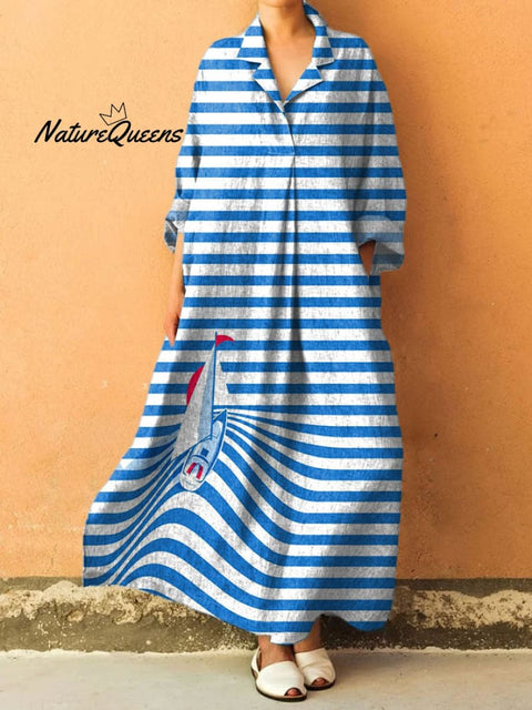 Women's Abstract Striped Sail Art Print V-Neck Pocket Cotton Dress