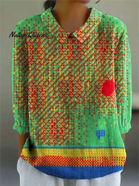 Women's Bright Weaving Art Print Casual Cotton And Linen 3/4 Sleeve Shirt