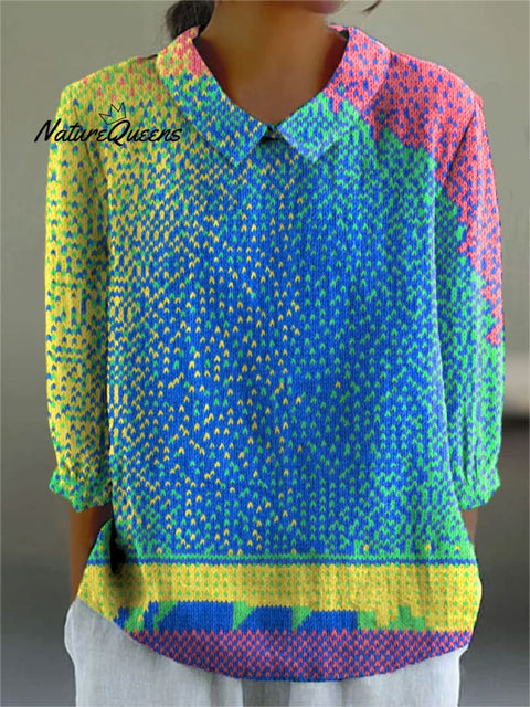 Women's Bright Weaving Art Print Casual Cotton And Linen 3/4 Sleeve Shirt