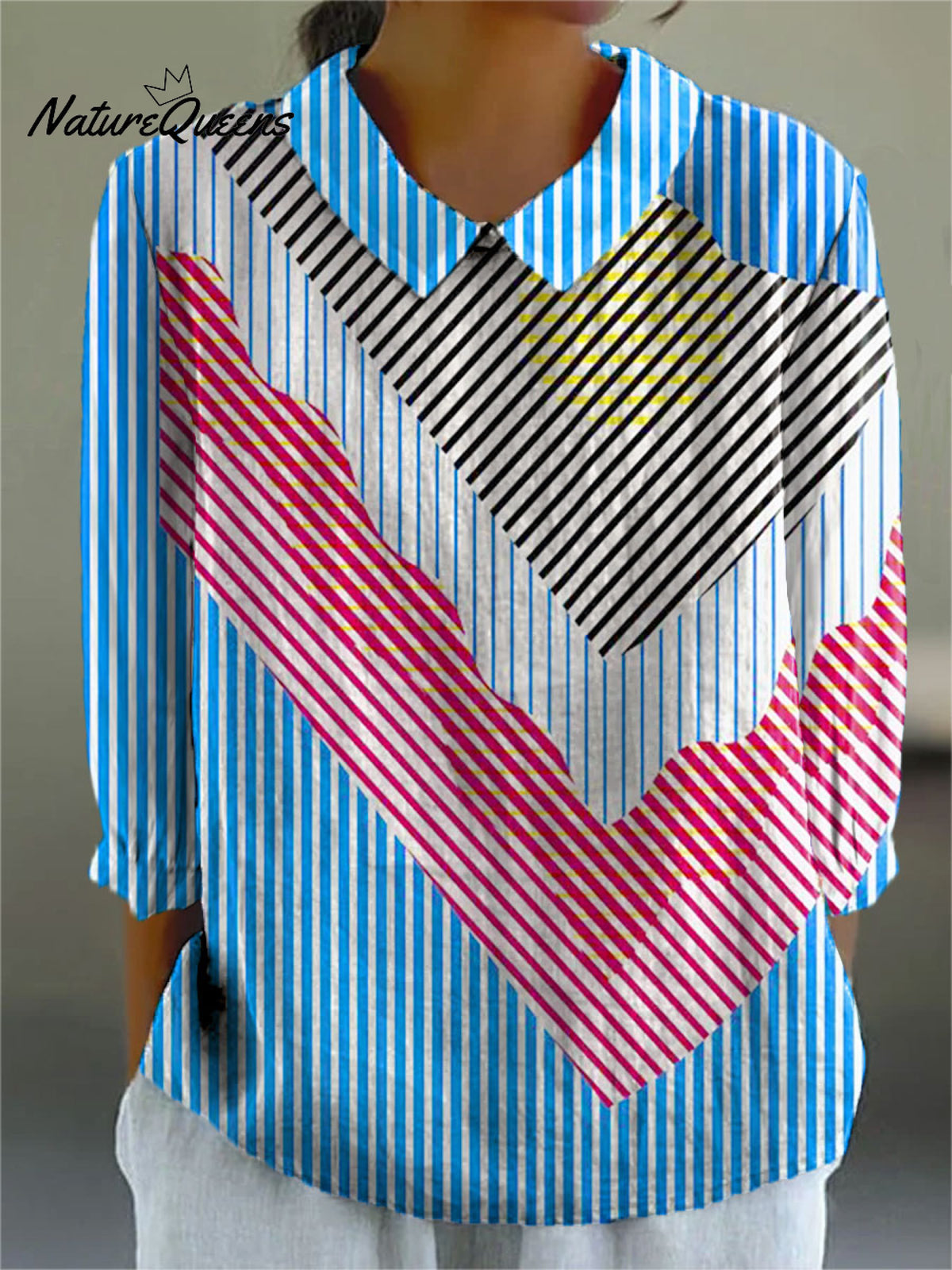 Women's Colorful Stripes Abstract Cupcake Art Print Casual Cotton And Linen 3/4 Sleeve Shirt