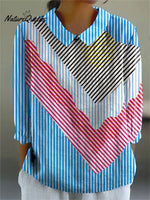 Women's Colorful Stripes Abstract Cupcake Art Print Casual Cotton And Linen 3/4 Sleeve Shirt
