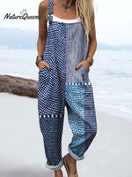 Women's Retro Abstract Dot Stripe Art Print Casual 100% Cotton Wide Leg Jumpsuit
