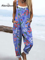 Women's Colorful Flower Art Print Casual 100% Cotton Wide Leg Jumpsuit