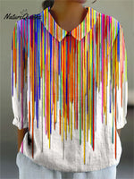 Women's Retro Abstract Colorful Stripes Art Print Casual Cotton And Linen 3/4 Sleeve Shirt
