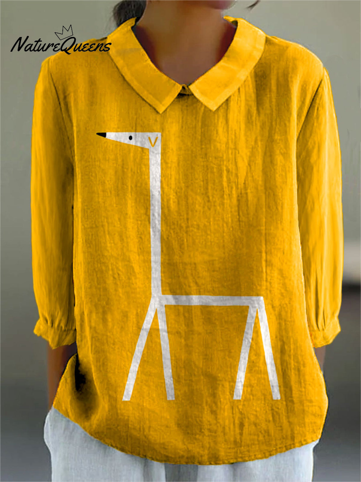 Women's Abstract Puppy Art Print Casual Cotton And Linen 3/4 Sleeve Shirt