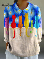 Women's Vintage Abstract Kitten Art Print Casual Cotton And Linen 3/4 Sleeve Shirt
