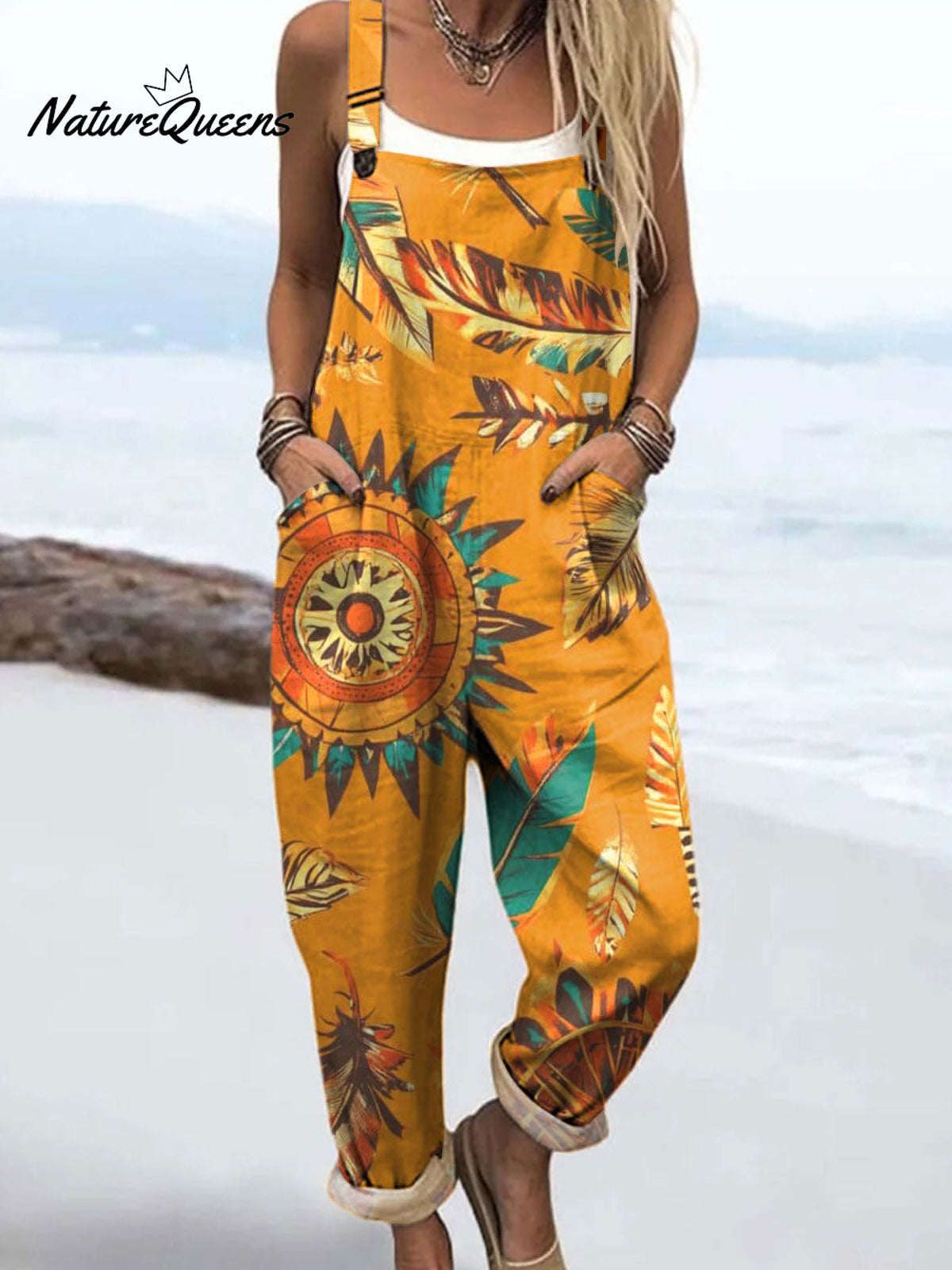 Women's Vintage Boho Art Print Casual 100% Cotton Wide Leg Jumpsuit