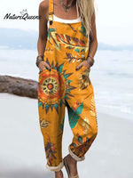 Women's Vintage Boho Art Print Casual 100% Cotton Wide Leg Jumpsuit