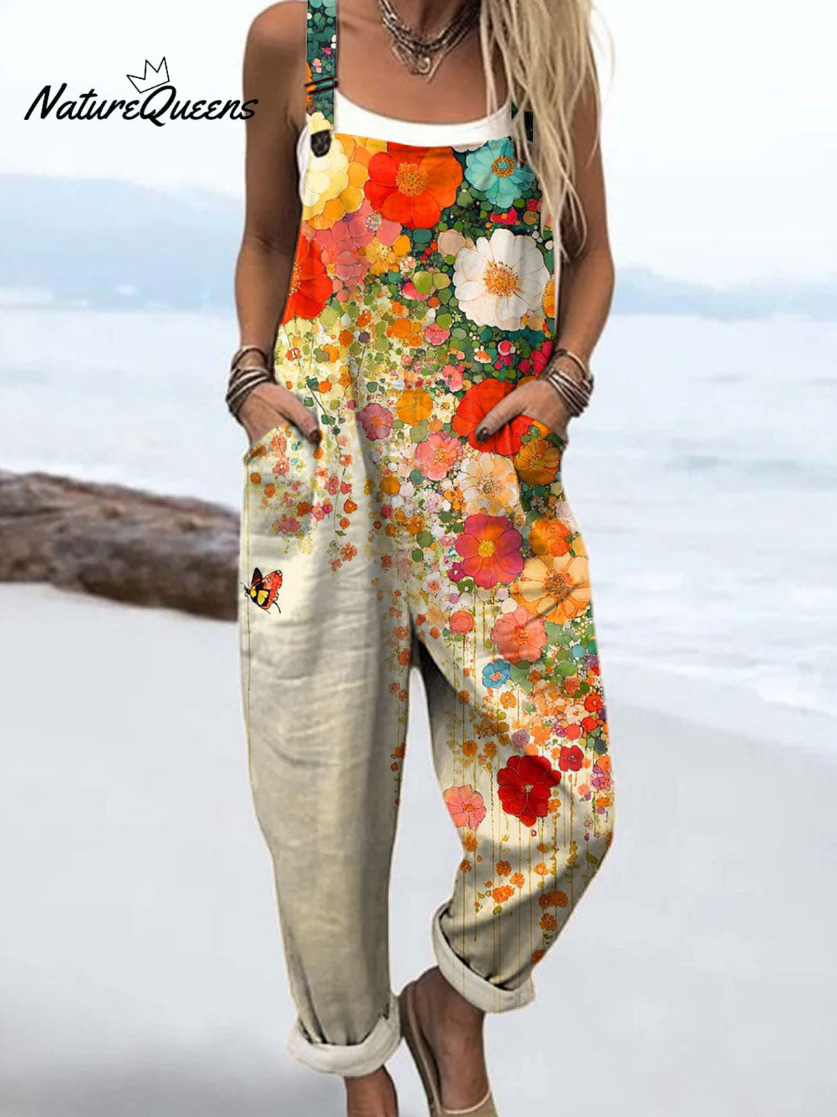 Women's Vintage Flower Art Print Casual 100% Cotton Wide Leg Jumpsuit