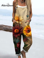 Women's Vintage Flower Art Print Casual 100% Cotton Wide Leg Jumpsuit