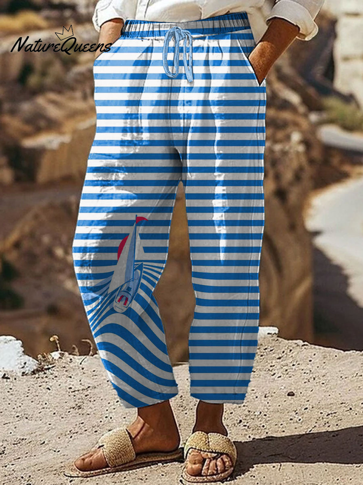 Women's Vintage Stripe Boat Art Printed 100%Cotton Casual Pants