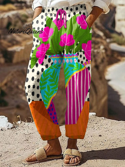 Women's Bright Lovely Flower Art Printed 100%Cotton Casual Pants