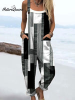 Women's Abstract Black White Stripes Art Print Casual 100% Cotton Wide Leg Jumpsuit
