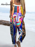 Women's Bright Abstract Funny Art Print Casual 100% Cotton Wide Leg Jumpsuit