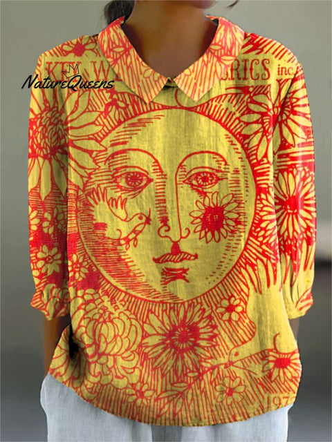 Women's Colorful Abstract Peace Love Art Print Casual Cotton And Linen 3/4 Sleeve Shirt